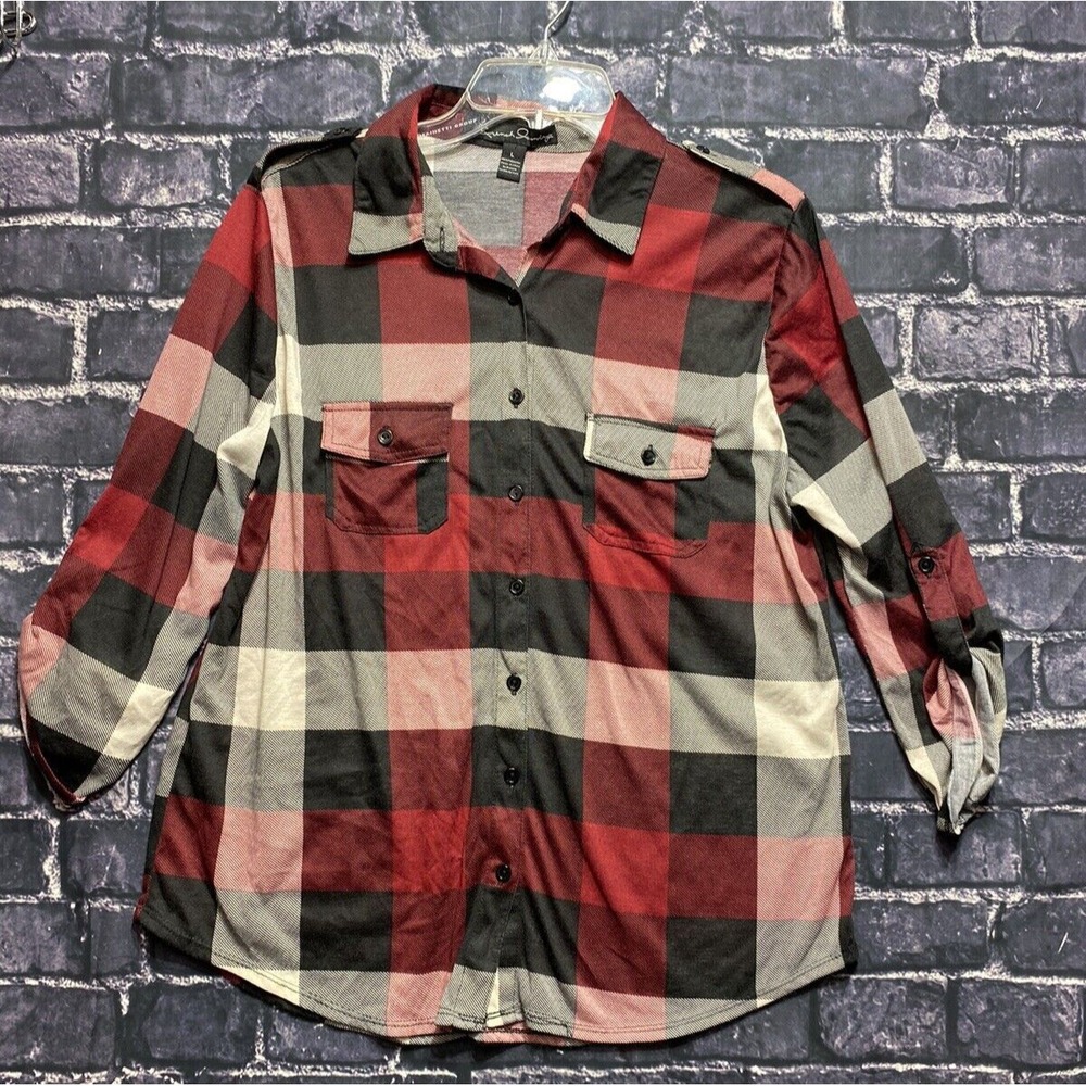 French Laundry Shirt Women Large‎ Black Red Plaid Casual Cabin Cozy Classic